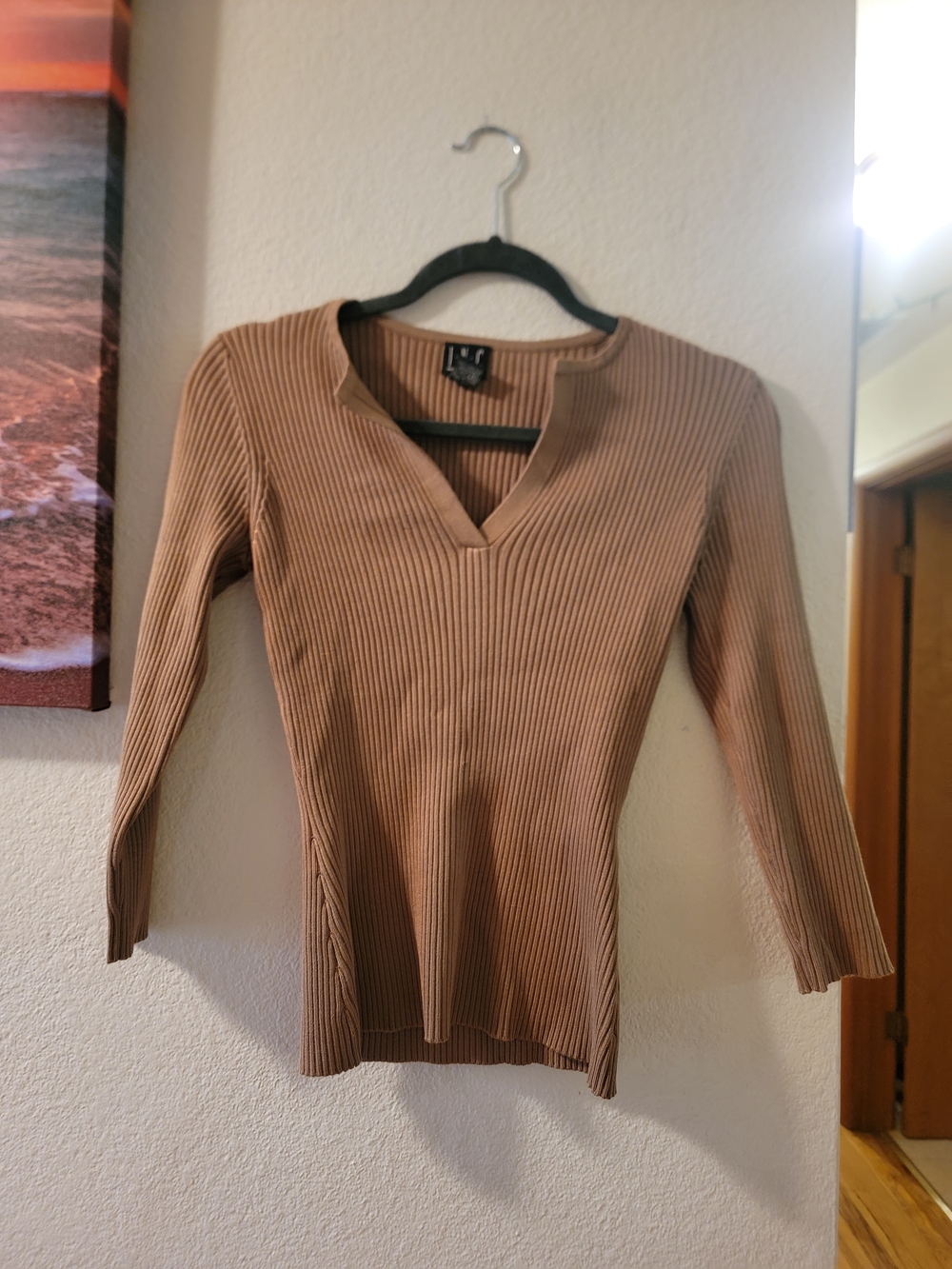 INC International Concepts Ribbed V-Neck Top - Brown